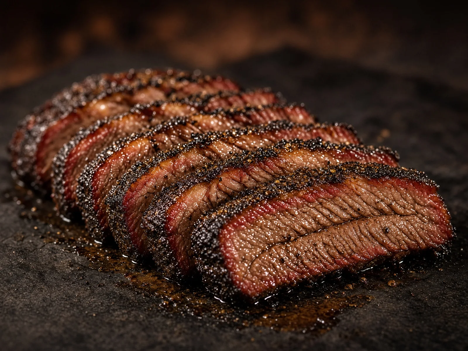 Sliced smoked brisket with a pink smoke ring