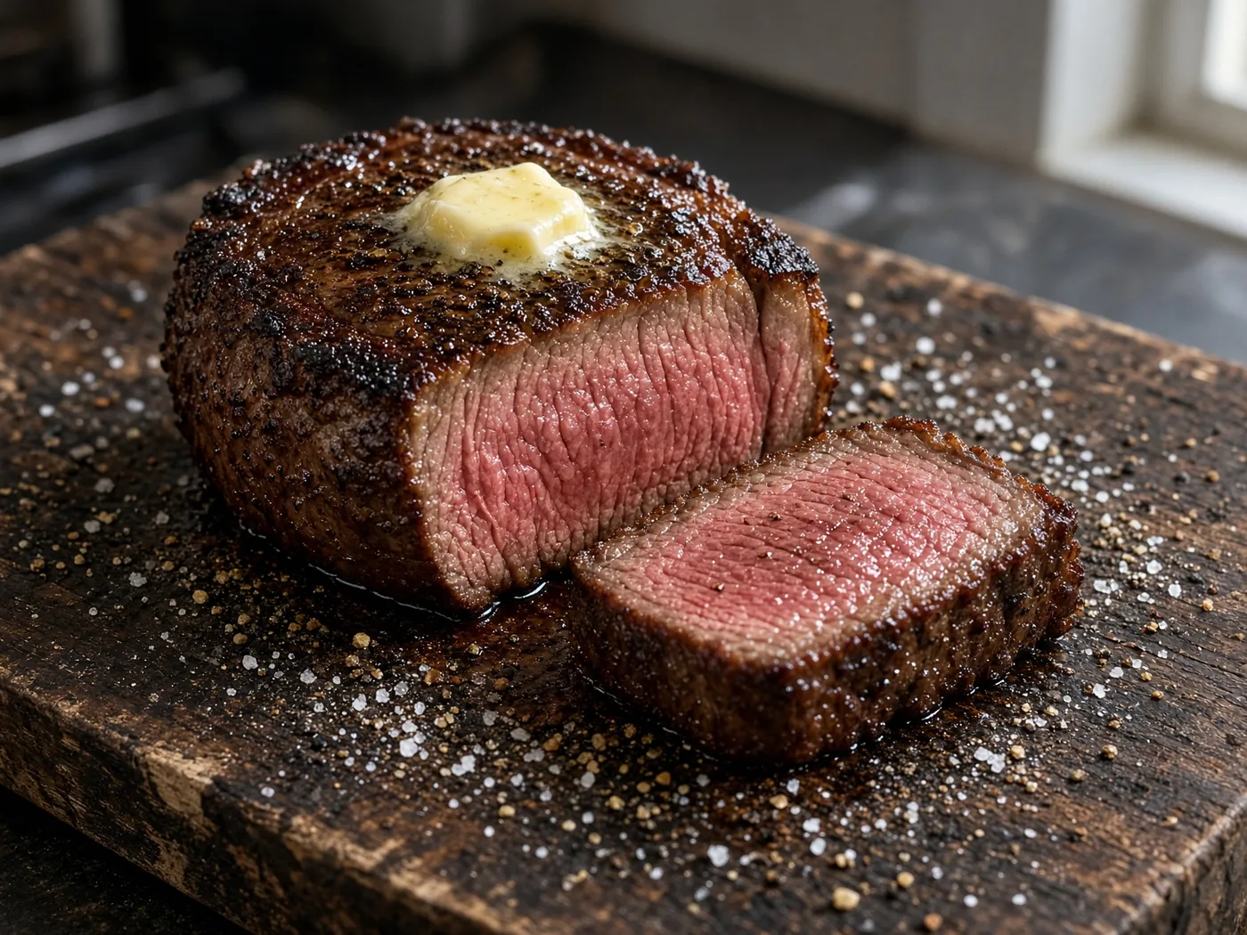 Seared filet mignon sliced to a pink center on a cutting board