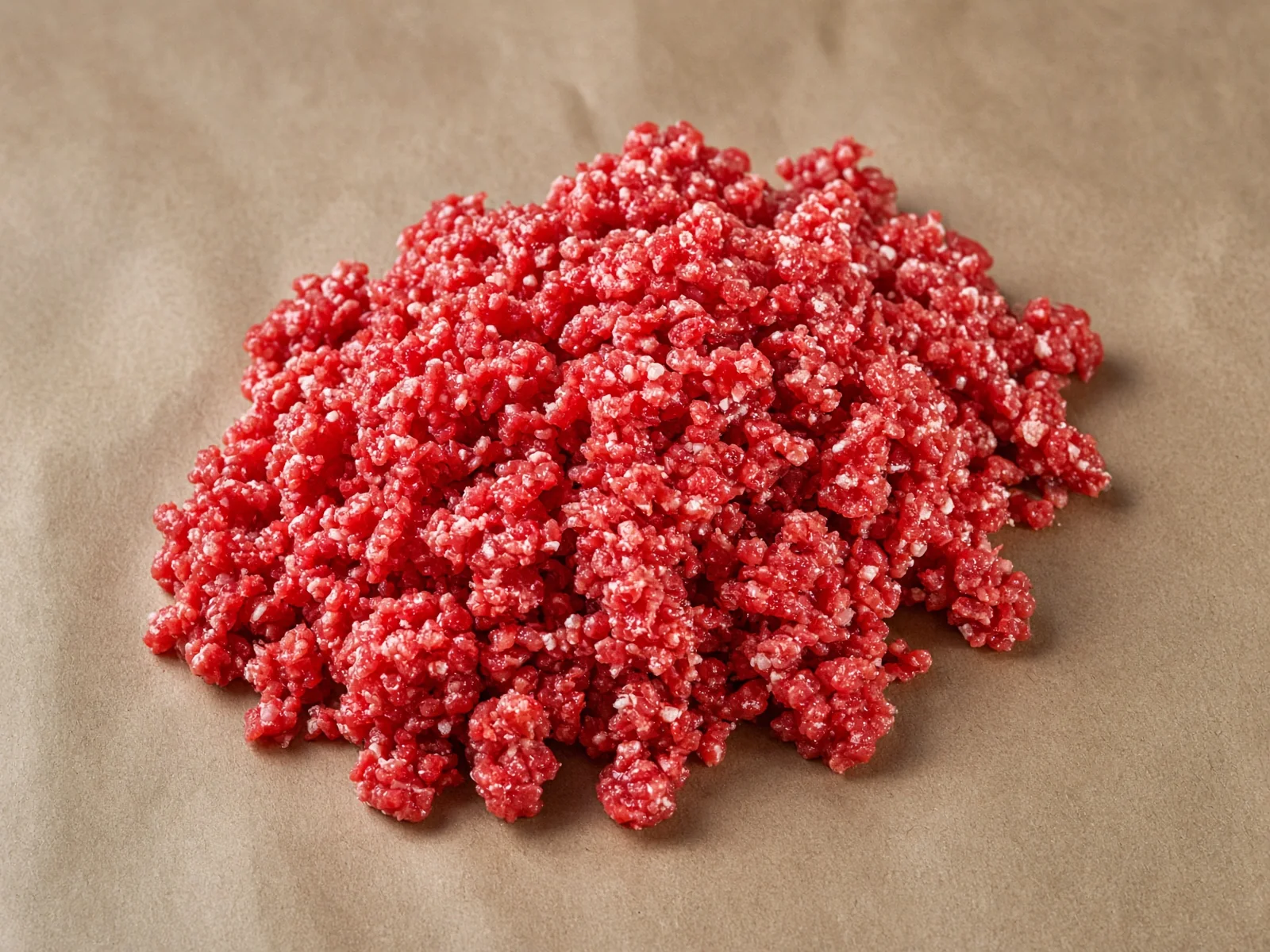 Fresh ground beef browning in a skillet