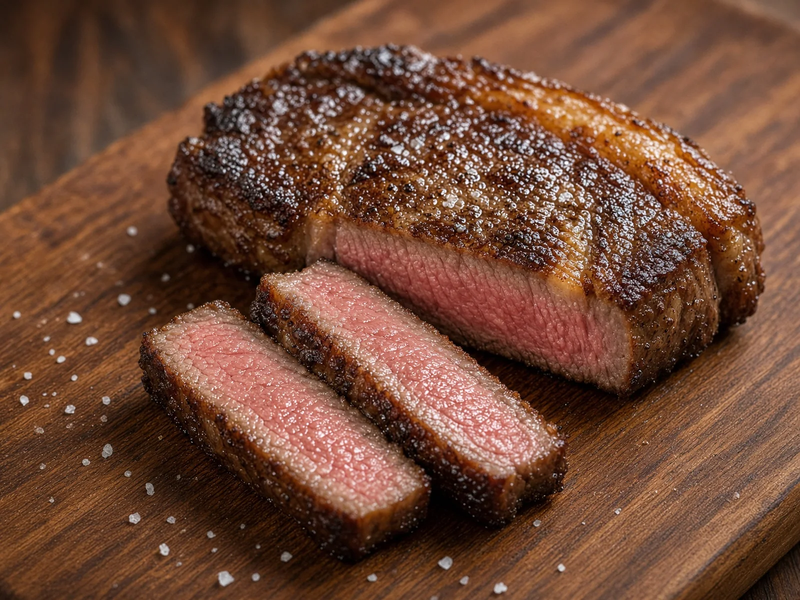 Raw New York strip steak with a strip of fat along one edge