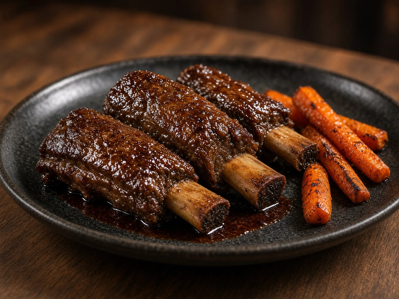 Braised beef short ribs glazed in a dark sauce