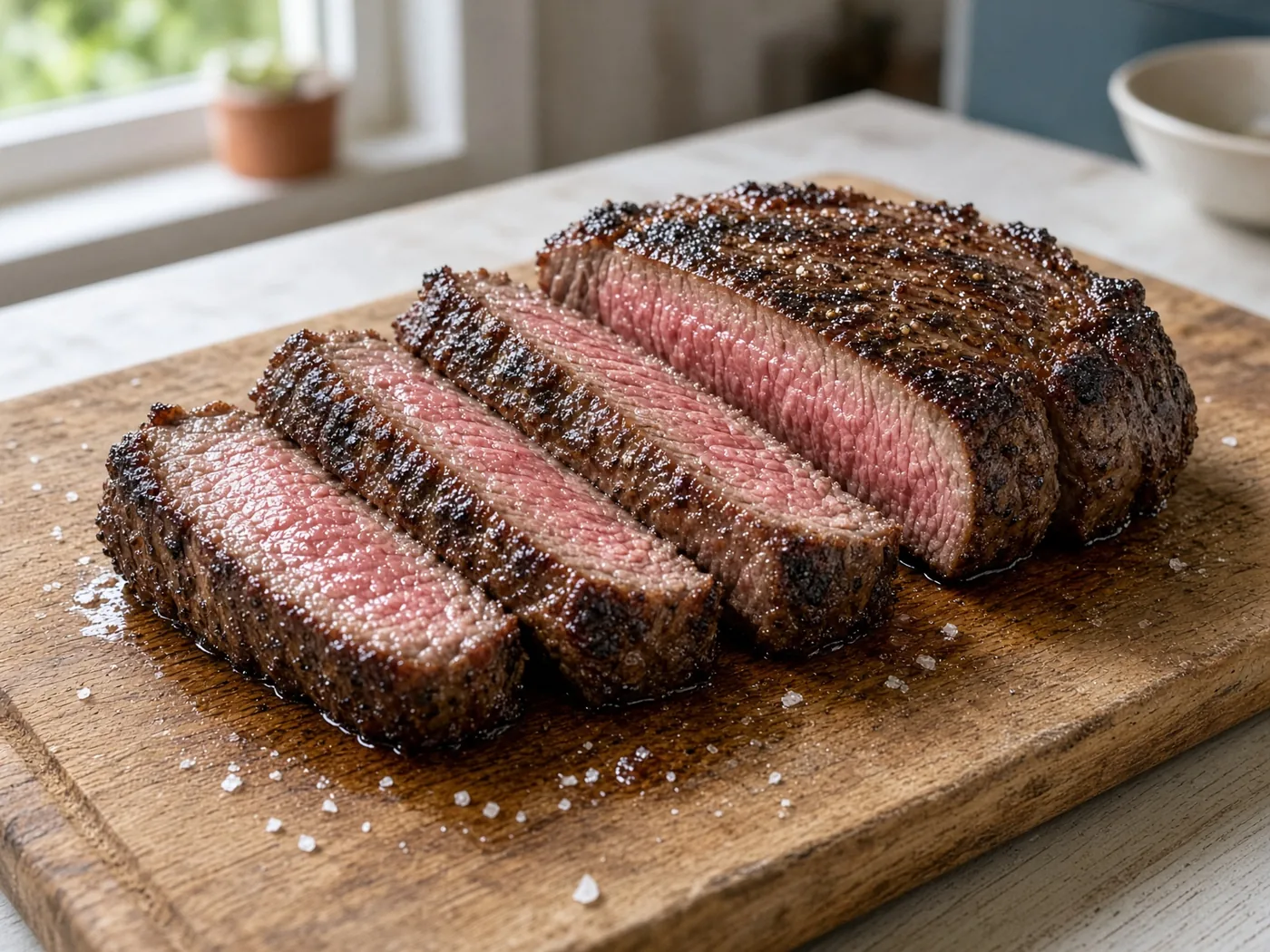 Grilled sirloin steak sliced on a wooden board