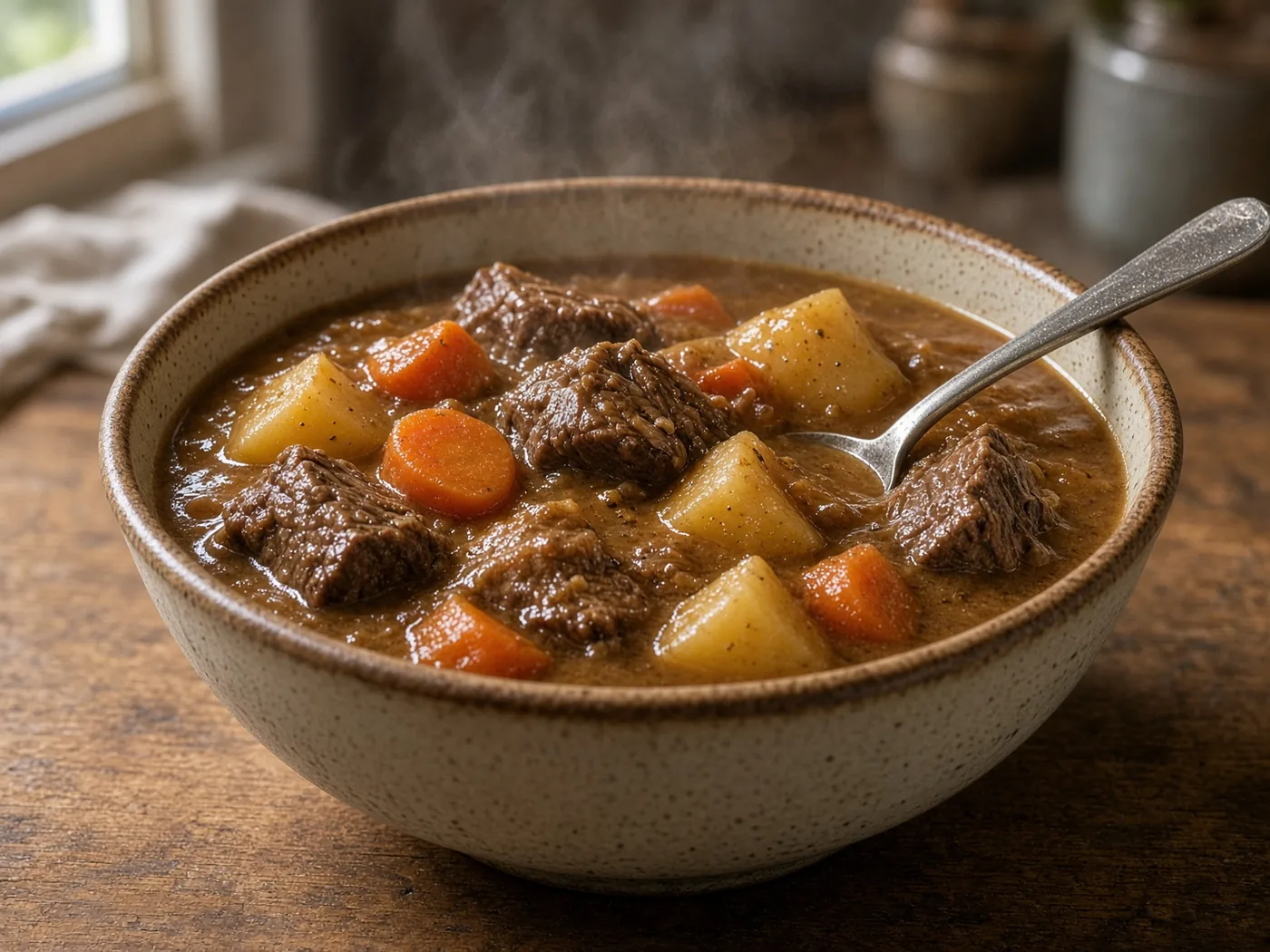 Beef stew with carrots and potatoes in a ceramic bowl
